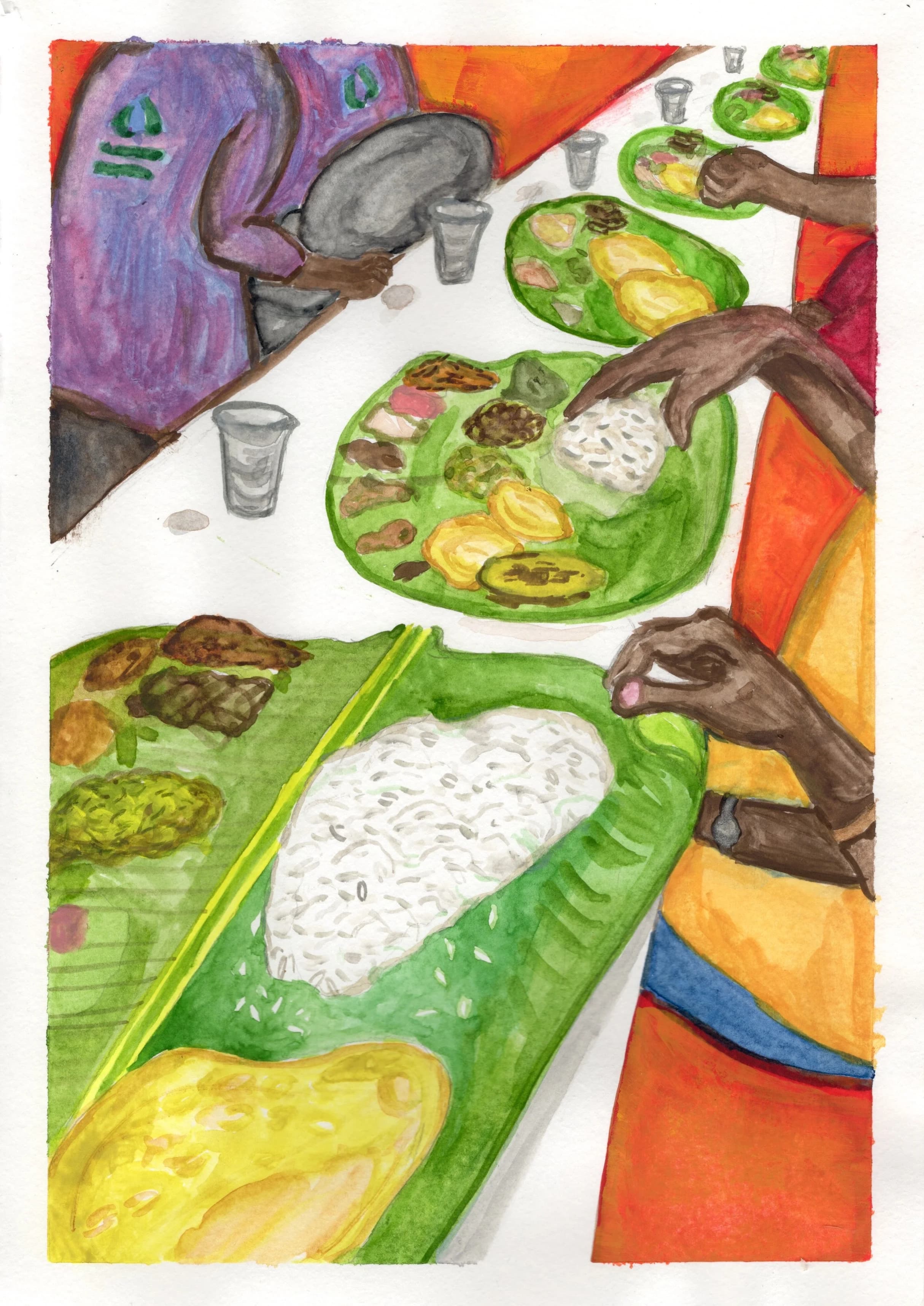 Hand-painted watercolor of people sharing a Kerala banana leaf meal around a table