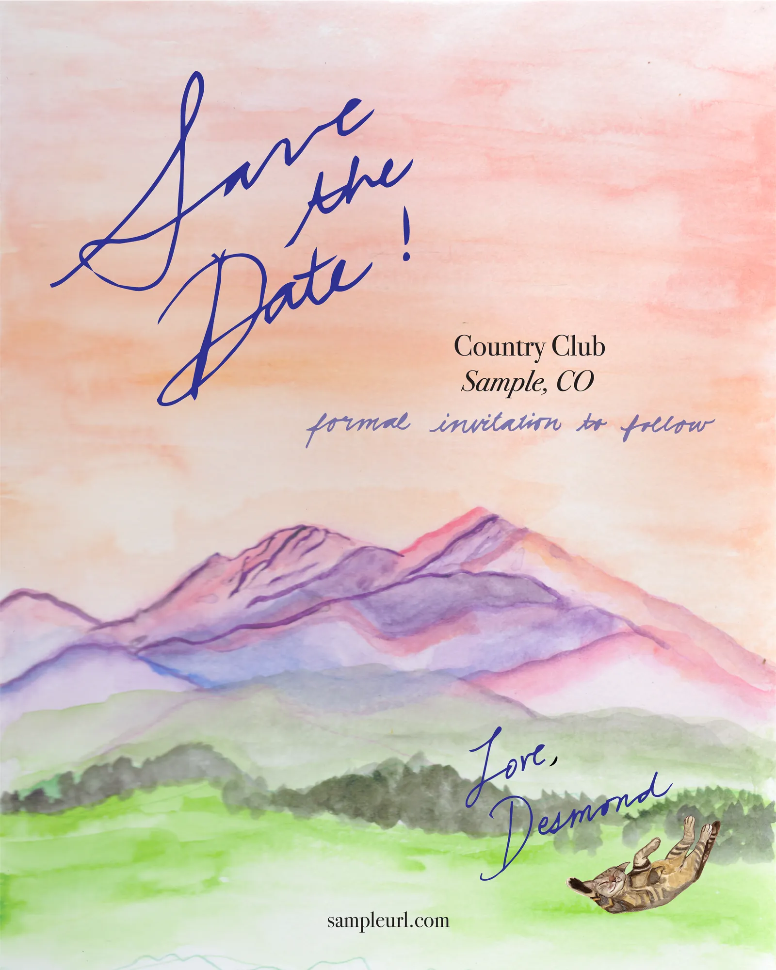 Watercolor save the date card featuring a mountain landscape