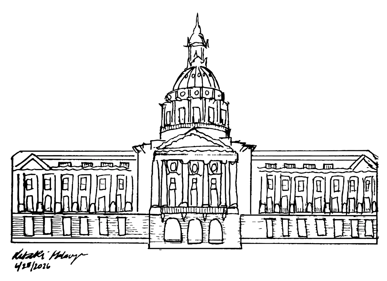 Hand-drawn line illustration of San Francisco City Hall with its grand dome and columns